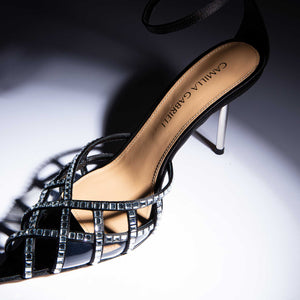 Lucille Cage Pumps Black Satin & Silver Crystals